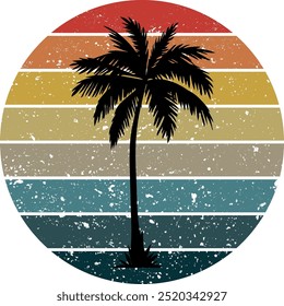 Palm tree in 80s style at sunset. Summer time. Blue palm against the background of the pink sun, synthwave style. Design for advertising brochures and banners. Vector illustration