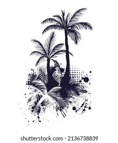 Palm tree abstraction with blots. T-shirt print. Vector illustration
