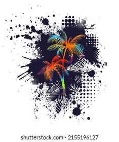 Palm tree abstraction with blots. T-shirt print. Vector illustration