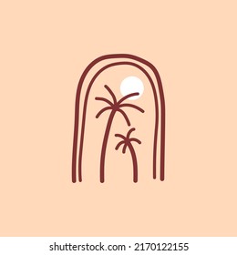 Palm tree aesthetic abstract summer vacation badge design. Double tropical island tree with sun vector illustration graphic design.