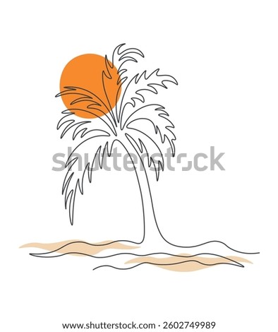 Palm tree against backdrop sunset in one line. Drawing with single continuous line. Tropical vegetation and sand. Modern minimal line art style. Vector illustration linear drawing on white background.
