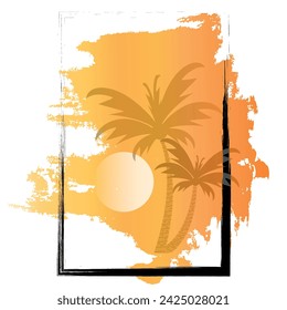 Palmera contra el fondo de la puesta de sol. Paisaje marino tropical con sol poniente. Ilustración vectorial.