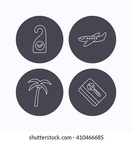 Palm tree, air-plane and e-key icons. Clean room linear sign. Flat icons in circle buttons on white background. Vector