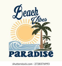 Arte em palmeira. A praia vibra o paraíso. Praia paraíso surf club. Arte moderna. Projeto de impressão retrô de verão. Vibes de praia com design de impressão de placa. Projeto de vetor de praia de esboço de mão.

