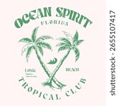 palm tree artwork with big waves t shirt design. Ocean Spirit slogan typography text for summer vibes. tropical vintage retro surfing print. t shirt art for tropical surf vector. long beach Florida