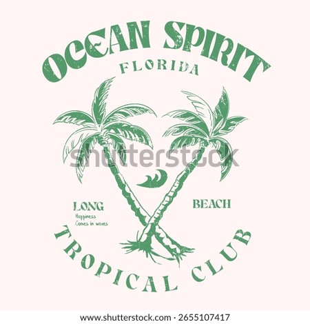 palm tree artwork with big waves t shirt design. Ocean Spirit slogan typography text for summer vibes. tropical vintage retro surfing print. t shirt art for tropical surf vector. long beach Florida
