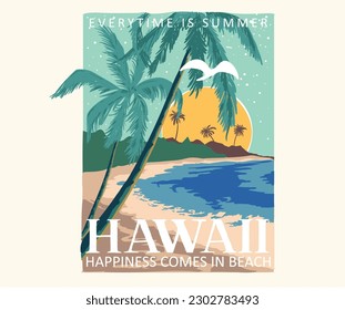 Palm tree artwork. Hawaii summer typo graphic beach t shirt print design. Sunny beach graphic print design for t shirt print, poster, sticker, background and other uses. Happiness comes in waves.