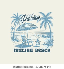 Arte da palmeira. Praia malibu. Praia paraíso surf club .arte trabalho . Projeto de impressão retro verão. Vibes de praia com design de impressão de placa. Projeto de vetor de praia de esboço de mão.

