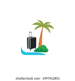 Palm tree baggage grass wave for holiday travel outdoor logo design