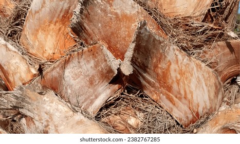 Palm tree bark texture macro vector. Vector palm tree trunk texture. Palm tree bark closeup background. Tropical palm tree texture closeup vector.