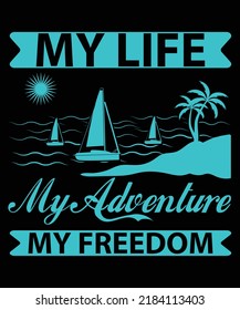 Palm Tree And Beach, Adventure On Sea Boat Vector T-Shirt Design Template
