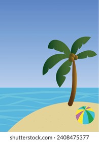 palmera y bola de playa en la ilustración del vector de la playa. Concepto de verano. Mar, cielo azul.