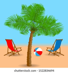 Palm tree, beach chairs and ball on the beach. Vector illustration EPS10