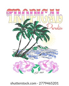 Palm tree Beach Hand Drawing vector illustration. Summer Tee T-shirt Design. Beach Graphics artwork. Girl's Tops for Tropical summer vibes. palm tree beach waves. Flowers hand prints. Tropical Typography Slogan 