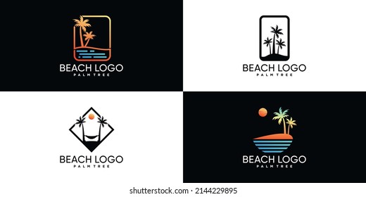 Palm tree or palm beach icon set logo design with creative element Premium Vector