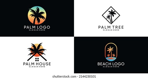 Palm tree or palm beach icon set logo design with creative element Premium Vector