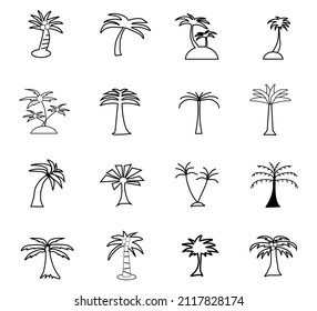 Palm tree, beach, island icons set. creative content such icons as coconut tree, holiday line icons sign vector illustration. isolated on white background