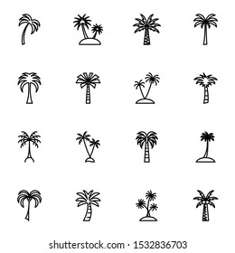 Palm tree, beach, island outline icon set. creative coconut tree, holiday line icons sign vector illustration.