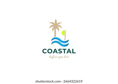 Palm Tree Beach Island with Wave. coastal logo design vector inspiration.
