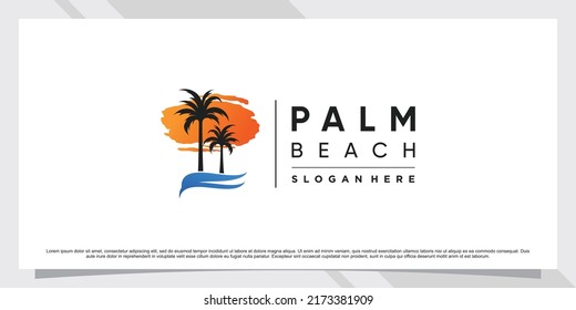 Palm tree and beach logo design inspiration with sun and creative element Premium Vector
