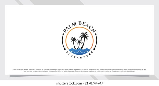 Palm tree and beach logo design inspiration with sun and creative element Premium Vector