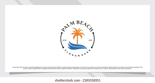 Palm tree and beach logo design inspiration with sun and creative element Premium Vector