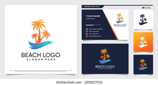 Palm tree and beach logo design illustration with creative concept and business card template