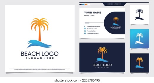 Palm tree and beach logo design illustration with creative concept and business card template