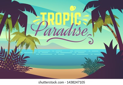 Palm tree beach. Ocean sunset with sand coast beach waves and palm trees, maldives tropical background. Summer vacation vector island leisure beauty pattern poster