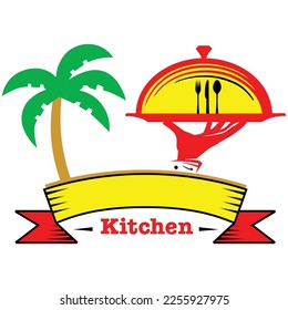 Palm tree beach restaurant logo design template vector.