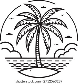 Silueta de escena de playa de palmeras perfecta para logotipos de viaje, diseños de verano y gráficos de vacaciones tropicales.