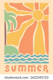 Palm tree beach with sun and sea. Groovy, hippie sunny card. Abstract retro poster in naive style. Seventies, groovy background. Hippie Aesthetic. Vector print