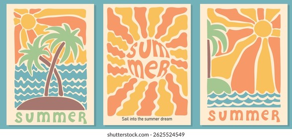 Palm tree beach with sun and sea. Collection of groovy, hippie sunny cards. Abstract retro posters in naive style. Seventies, groovy background. Hippie Aesthetic. Vector print