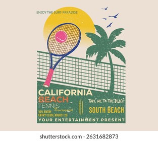 Palm tree beach. Tennis court graphic design. Miami tennis club artwork for t shirt, posters, stickers, background and others. Tennis champions team.	