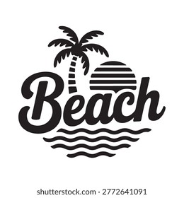 Palm tree and beach typography illustration black and white design