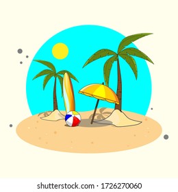 Palm Tree With Beach Umbrella. Striped ball and surfboard