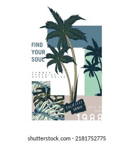 Palm tree beach vibes, Surfing beach vibes graphic print design for fashion. Palm beach artwork for t shirt, sticker, poster and others.