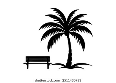 A palm tree with beanch silhouette vector,icon on white background.