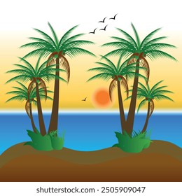 palm tree and beatch with a sun or bird