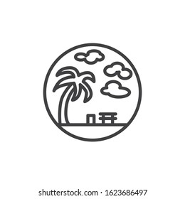 Palm tree with bench and clouds line icon. linear style sign for mobile concept and web design. Tropical resort park outline vector icon. Symbol, logo illustration. Vector graphics