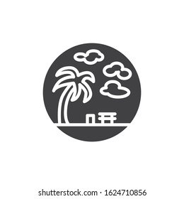 Palm tree with bench and clouds vector icon. filled flat sign for mobile concept and web design. Tropical resort park glyph icon. Symbol, logo illustration. Vector graphics