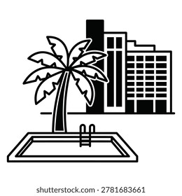 Palm tree beside swimming pool with buildings