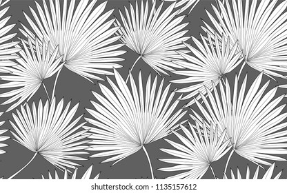 Palm tree. Big leaves and exotic flowers composition. Vector illustration. Botanical seamless wallpaper. Digital nature art. Cartoon style sketch. Grey background.