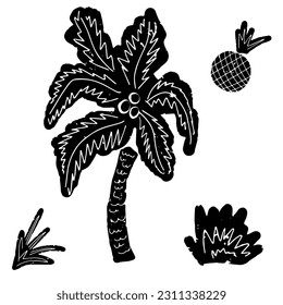 Palmera. Elemento negro, superficie áspera, textura gruesa, estilo linocut, estilo escandinavo. Estilo de campo, arte popular. Elementos cortados. Elemento para el diseño.