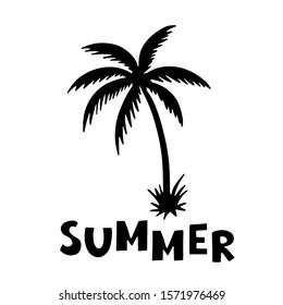 Palm tree black silhouette, icon, logo. Sketch hand drawn isolated on white background. Handwritten text summer