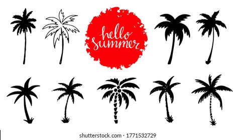 Palm tree black silhouette, line. Icon, logo. Sketch hand drawn isolated on white background set. Paint circle. Handwriting font Hello Summer