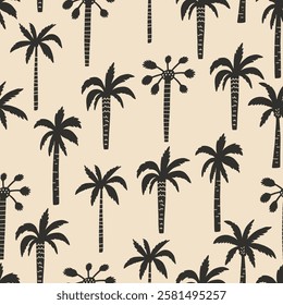 Palm Tree Black Silhouette Seamless Pattern. Tropic Summer Background. Coconut Plant Wallpaper Vector Background