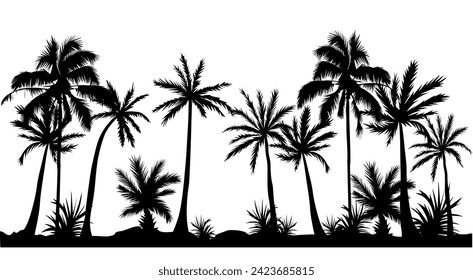 Palm tree black silhouettes seamless vector border