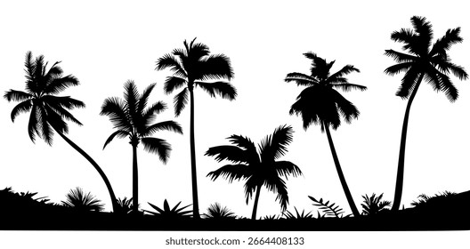 Palm tree black silhouettes seamless border. Monochrome hand drawn vector illustration isolated on white background