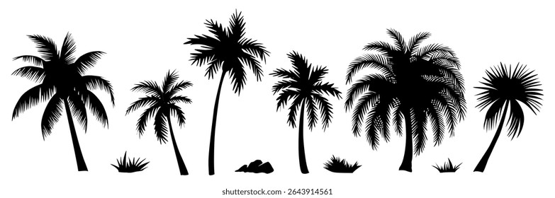 Conjunto de silhuetas pretas da palmeira. Ilustrações vetoriais monocromáticas desenhadas à mão isoladas sobre fundo branco